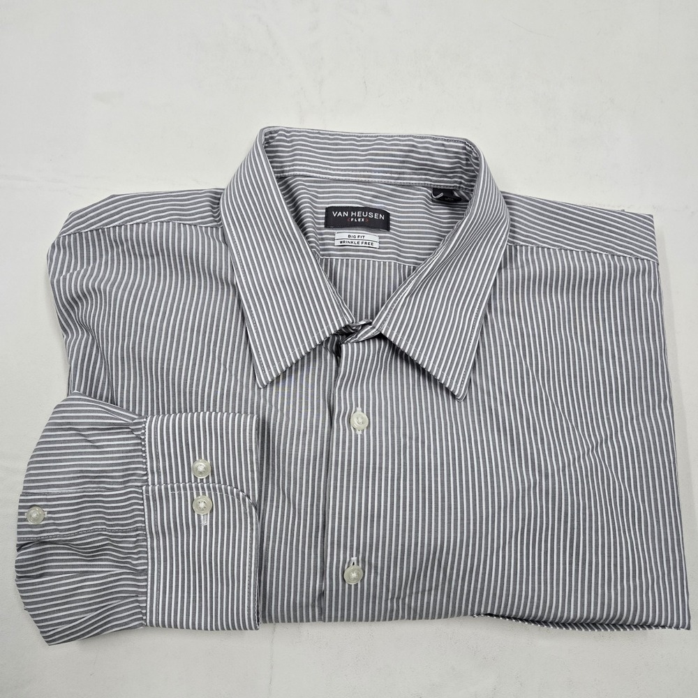Van Heusen Button-Down Shirt Men's Sz 18 34/35 Wrinkle Free Big Fit Gray White
